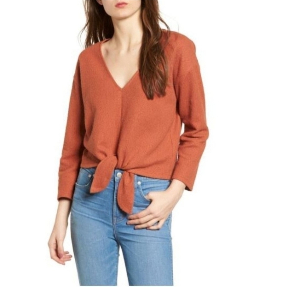 MADEWELL Rust Orange Textured Jacquard Tie Front Top Long Sleeve Women's Small S
